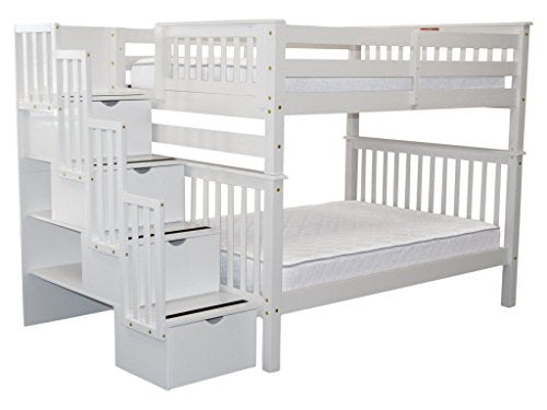 Bedz King Stairway Bunk Beds Full over Full with 4 Drawers in the Steps, White