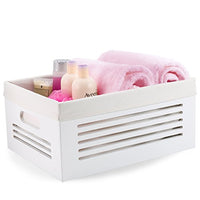 Wooden Storage Bin Container - Decorative Closet, Cabinet and Shelf Basket Organizer Lined with Machine Washable Soft Linen Fabric - White, Large