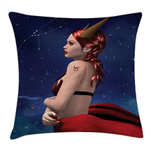 Load image into Gallery viewer, Ambesonne Astrology Throw Pillow Cushion Cover, Taurus Girl with Horns Maleficent Zodiac Stars Venus Beauty Graphic Design, Decorative Square Accent Pillow Case, 26&quot; X 26&quot;, Navy Red Brown
