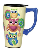 Load image into Gallery viewer, Spoontiques Owls Ceramic Travel Mug, 18 ounces, Yellow
