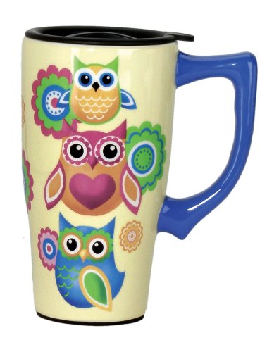 Spoontiques Owls Ceramic Travel Mug, 18 ounces, Yellow