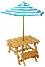 Load image into Gallery viewer, KidKraft Outdoor Wooden Table &amp; Bench Set with Striped Umbrella, Children&#39;s Backyard Furniture, Turquoise and White, Gift for Ages 3-8, Amazon Exclusive
