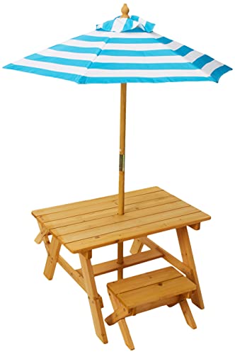 KidKraft Outdoor Wooden Table & Bench Set with Striped Umbrella, Children's Backyard Furniture, Turquoise and White, Gift for Ages 3-8, Amazon Exclusive