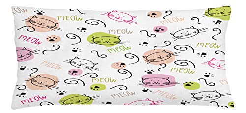 Lunarable Cat Lover Throw Pillow Cushion Cover, Cartoon with Paws Curvy Lines Meow Doodle Style Artwork, Decorative Rectangle Accent Pillow Case, 36