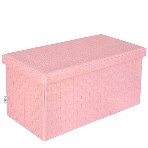 B FSOBEIIALEO Folding Storage Ottoman, Faux Leather Footrest Stool Long Bench Toy Box Chest for Girls, Pink 30