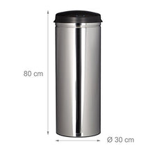 Load image into Gallery viewer, Relaxdays 50 L Waste Bin, Round with 30 cm Diameter, 80 cm Tall, Lid with Sensor, Stainless Steel, Silver-Black, 30 x 30 x 80 cm
