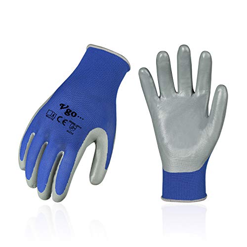 Vgo 10-Pairs Safety Work Gloves, Gardening Gloves, Non-slip Nitrile coating, Dipping Gloves (Size M, Blue, NT2110)