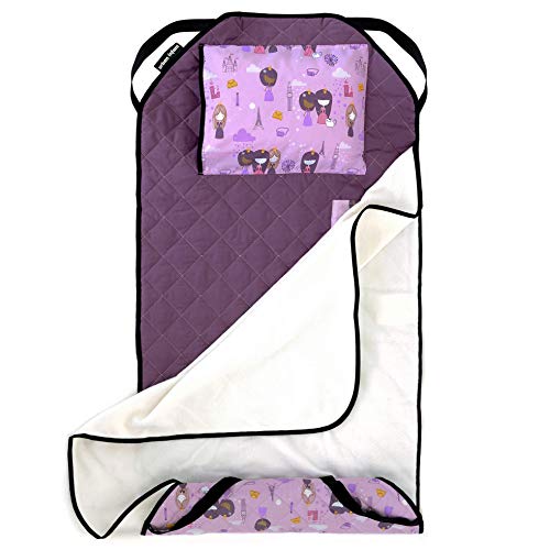Urban Infant Tot Cot Kids Nap Mat - Toddler Preschool Daycare Modern All-in-One Bedding - Washable Blanket and Pillow  Boys and Girls - Elastic Straps - 52 x 22 Inches - Violet