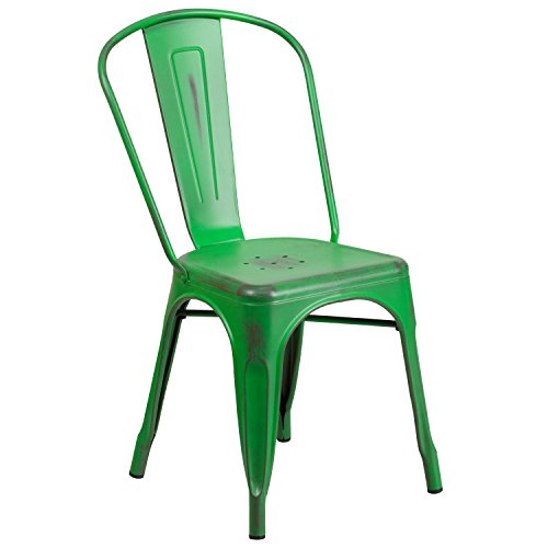 Flash Furniture Distressed Green Metal Indoor-Outdoor Stackable Chair