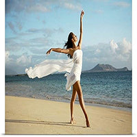 GREATBIGCANVAS Entitled Hawaii, Oahu, Lanikai Beach, Ballet Dancer on Beach Wearing White Flowing Fabric Poster Print, 60
