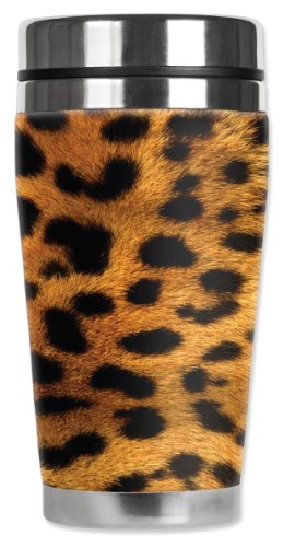Mugzie Orange Leopard Travel Mug with Insulated Wetsuit Cover, 16 oz, Black