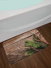 Load image into Gallery viewer, Ambesonne Antlers Bath Mat, Evergreen Branch Deer Antler Against Rustic Wooden Background Print, Plush Bathroom Decor Mat with Non Slip Backing, 29.5&quot; X 17.5&quot;, Fern Green
