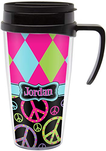 Harlequin & Peace Signs Acrylic Travel Mug with Handle (Personalized)