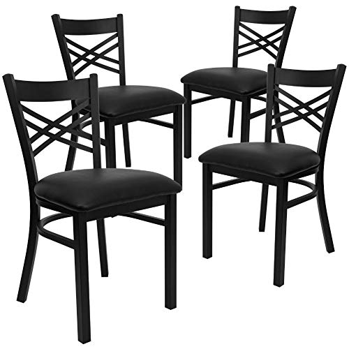 Flash Furniture 4 Pack HERCULES Series Black ''X'' Back Metal Restaurant Chair - Black Vinyl Seat