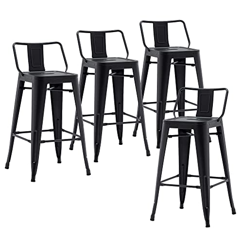 Metal Barstools Set of 4 Industrial Bar Stools Counter Stools with Backs Indoor-Outdoor Counter Height Bar Stools (30 inch, Matte Black)