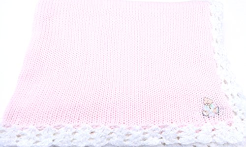 Aidan Products Knitted Pink Cotton White Chenille Trim Baby Blanket