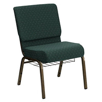 HERCULES Series 21'' Extra Wide Church Chair with 4'' Thick Seat, Communion Cup Book Rack Hunter Green Dot Patterned/Gold Vein Frame