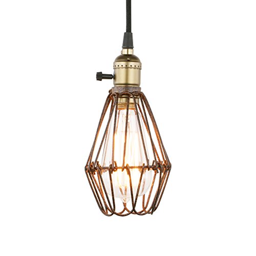 Permo Rusty Brown Metal Vintage Style Industrial Opening and Closing Hanging Light Pendant Wire Cage Lamp Guard