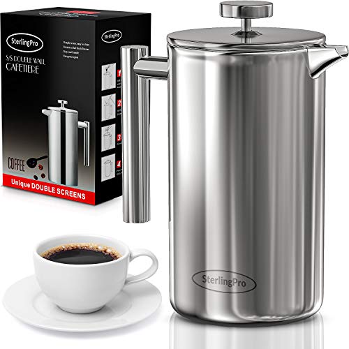 Sterling Pro French Press Coffee Maker (1 L) Double Walled Large Coffee Press With 2 Free Filters Enjo