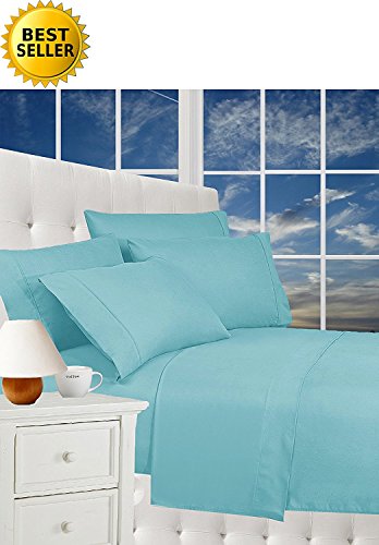 CELINE LINEN Luxurious Bed Sheets Set on Amazon 1800 Thread Count Egyptian Quality Wrinkle Free 4-Piece Sheet Set with Deep Pockets 100% Hypoallergenic, Queen Aqua Blue