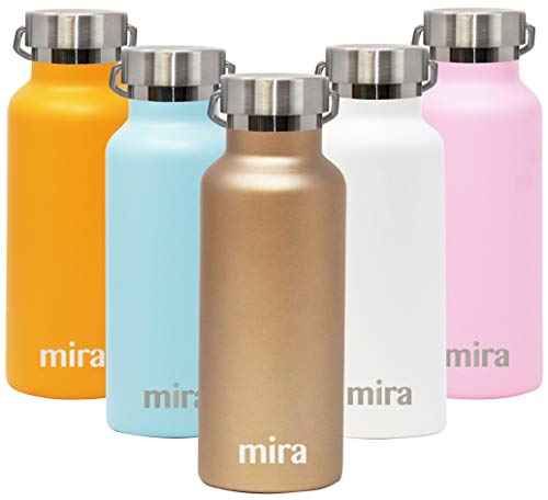 Mira Alpine Water Bottle With 2 Lids, Vacuum Insulated 18/8 Stainless Steel Flask, Durable Shiny Fin