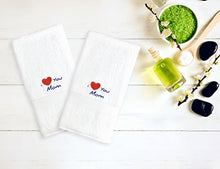 Load image into Gallery viewer, Linum Home Textiles I Love You Mom Embroidered White Hand Towels, Set of 2, Navy
