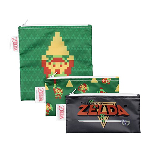 Bumkins Nintendo Zelda Sandwich Bags/Snack Bags, Reusable, Washable, Food Safe, BPA Free, Pack of 3