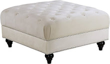 Load image into Gallery viewer, Meridian Furniture Sabrina Collection Modern | Contemporary Velvet Upholstered Ottoman with Deep Button Tufting, Chrome Nailheadss and Custom Wood Legs, 34.5&quot; W x 34.5&quot; D x 18.5&quot; H, Cream
