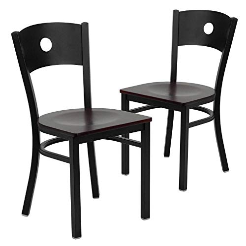 Flash Furniture 2 Pk. HERCULES Series Black Circle Back Metal Restaurant Chair - Mahogany Wood Seat