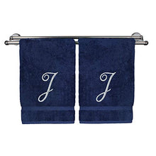 Load image into Gallery viewer, Monogrammed Hand Towel, Personalized Gift, 16 x 30 Inches - Set of 2 - Silver Embroidered Towel - Extra Absorbent 100% Turkish Cotton- Soft Terry Finish Bathroom, Kitchen Spa- Script J Navy
