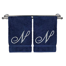 Load image into Gallery viewer, Monogrammed Hand Towel, Personalized Gift, 16 x 30 Inches - Set of 2 - Silver Embroidered Towel - Extra Absorbent 100% Turkish Cotton- Soft Terry Finish - for Bathroom, Kitchen and Spa- Script N Navy
