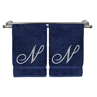 Monogrammed Hand Towel, Personalized Gift, 16 x 30 Inches - Set of 2 - Silver Embroidered Towel - Extra Absorbent 100% Turkish Cotton- Soft Terry Finish - for Bathroom, Kitchen and Spa- Script N Navy