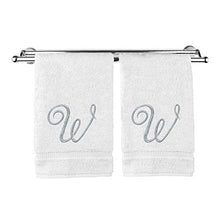 Load image into Gallery viewer, Monogrammed Hand Towel, Personalized Gift, 16 x 30 Inches - Set of 2 - Silver Embroidered Towel - Extra Absorbent 100% Turkish Cotton- Soft Terry Finish - For Bathroom, Kitchen and Spa- Script W White
