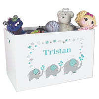 Personalized and Teal Elephant Childrens Nursery White Open Toy Box