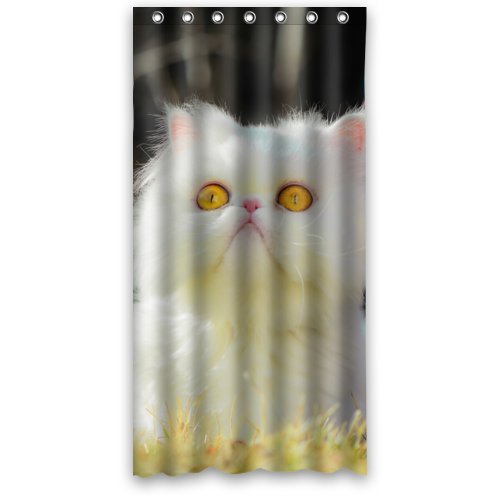 Fashion Design Waterproof Polyester Fabric Bathroom Shower Curtain Standard Size 36(w)x72(h) with Shower Rings cute pets theme- White Furry Cat Yellow Eyes Grass