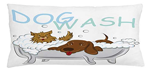 Lunarable Nursery Throw Pillow Cushion Cover, Playful Dogs in a Bathtub Grooming Each Other Pets Theme Illustration, Decorative Rectangle Accent Pillow Case, 36