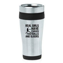 Load image into Gallery viewer, 16oz Insulated Stainless Steel Travel Mug Real Girls Have Curves Softball (Black)
