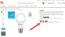 Load image into Gallery viewer, EcoSmart 60W Equivalent Bright White A19 Energy Star + Dimmable LED Light Bulb (4-Pack)
