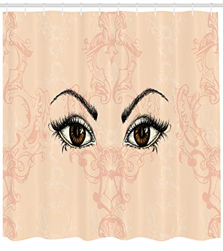 Ambesonne Eyelash Shower Curtain, Sketch Style Pair of Woman Eyes Female Look with Victorian Floral Ornaments, Fabric Bathroom Decor Set with Hooks, 105 inches Extra Wide, Peach Black Amber