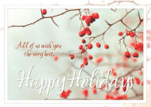 Load image into Gallery viewer, Holiday Greeting Cards - H7049. Business Greeting Card with Holly Berries in Winter. Box Set Has 25 Greeting Cards and 26 White with Red Foil Lined Envelopes.
