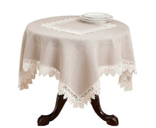 Load image into Gallery viewer, Fennco Styles Venetto Lace Trimmed Elegant Tablecloth 65 x 104 Inch - Taupe Table Cover for Home Dcor, Banquets, Wedding, Family Gathering and Special Events
