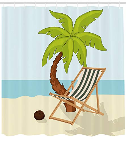 Ambesonne Beach Shower Curtain, Cartoon Style Drawing Palm Tree Coconut and Sunbed on Sand Summer Season Pattern, Fabric Bathroom Decor Set with Hooks, 105 inches Extra Wide, Multicolor