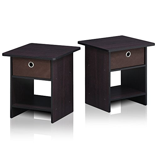 Furinno Dario End Table / Side Table / Night Stand / Bedside Table with Bin Drawer, 2-Pack, Dark Walnut