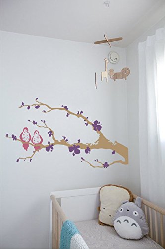 Love Birds Tree Branch Decorative Wall Decal DIY Removable Home Decor Flower Branch Vinyl Sticker (Purple & Pink, 31x60 inches)