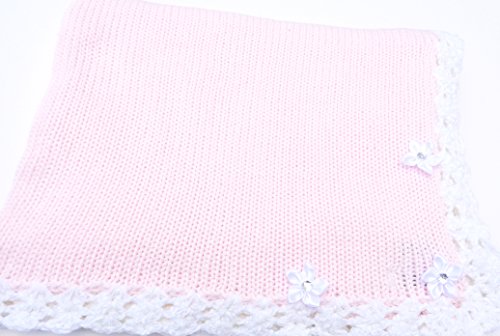 Bubu Knitted Hand Crochet Finished Pink Cotton White Chenille Trim Baby Blanket