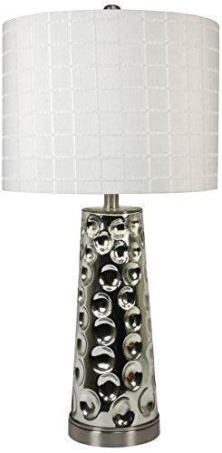 Abhasa Light Works Mynah LB-14 Lamp, 14 x 14 x 28 inches, Glass Body with Silver Finish, Chrome Metal Base, Off-White Cotton Fabric Shade