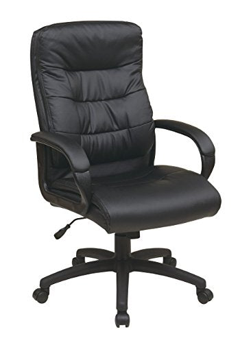 Office Star Padded Faux Leather Seat and High Back Executive Chair with Padded Arms and Heavy Duty Nylon Base, Black