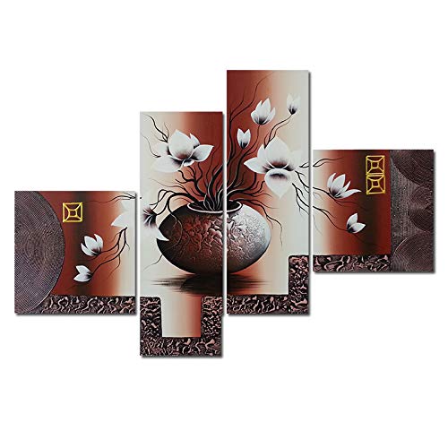 Wieco Art Huge Size Stretched and Framed Artwork 4 Panels 100% Hand-Painted Modern Canvas Wall Art Elegant Flowers Paintings for Wall Decor Floral Oil Paintings on Canvas Art XL