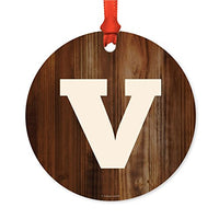 Andaz Press Family Metal Christmas Ornament, Monogram Letter V, Rustic Wood, 1-Pack, Includes Ribbon and Gift Bag