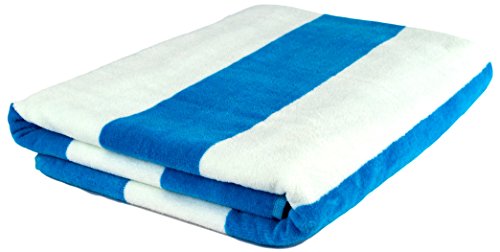 Puffy Cotton Beach Towel, Pool, Oversized, 100% Turkish Cotton, XL Extra Large Cabana Stripe Beach Towels, Soft and Absorbent, Velour Top Round Circle Loop Terry Cloth (Aqua Blue) Set of 1